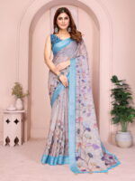 Linen Cotton Saree – Soft Lightweight Floral Design Saree - Image 3