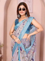 Linen Cotton Saree – Soft Lightweight Floral Design Saree - Image 7