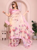 Linen Cotton Saree – Soft Floral Print Saree with Pink Border - Image 3