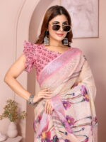 Linen Cotton Saree – Soft Floral Print Saree with Pink Border - Image 5