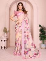 Linen Cotton Saree – Soft Floral Print Saree with Pink Border - Image 6