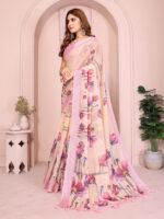 linen cotton saree pink floral design