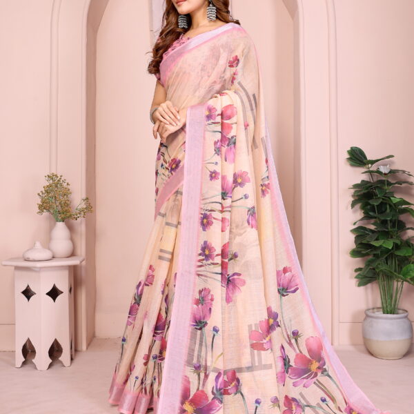 linen cotton saree pink floral design