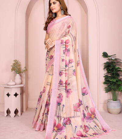 linen cotton saree pink floral design