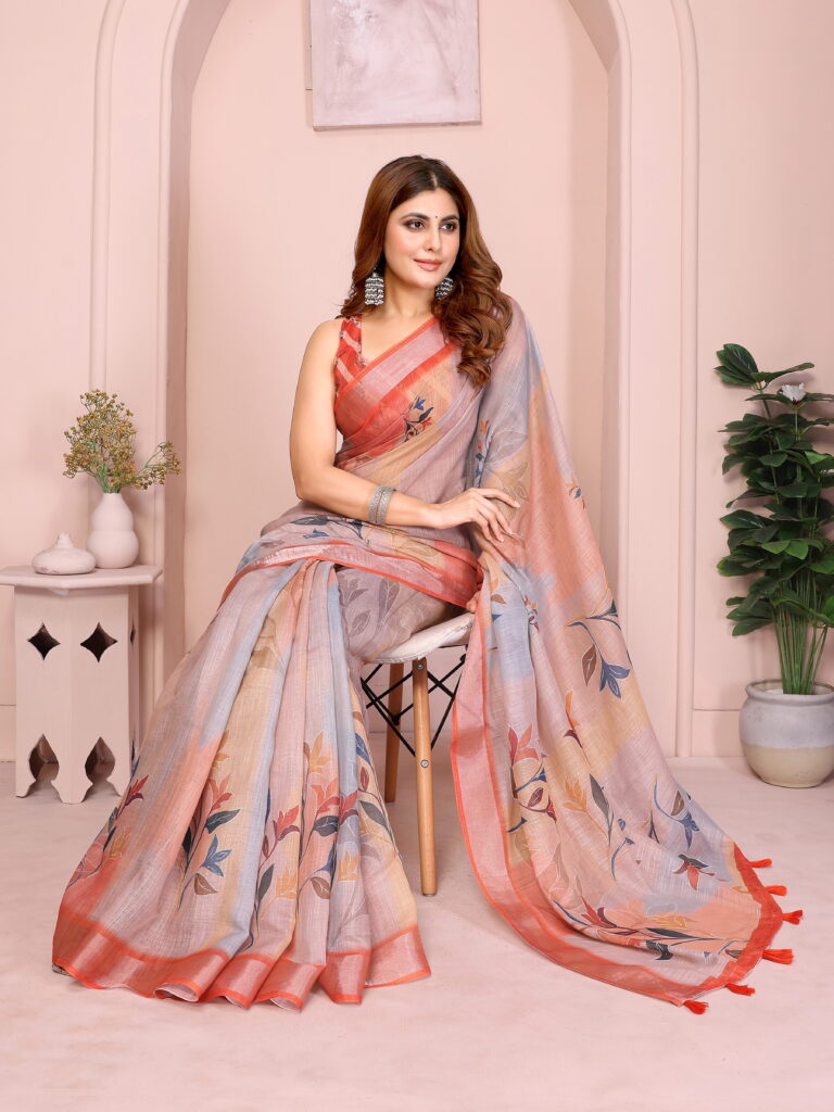 elegant floral saree with orange tassels