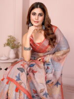 Linen Cotton Saree – Soft Pastel Floral Saree with Orange Border - Image 5