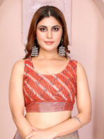 Linen Cotton Saree – Soft Pastel Floral Saree with Orange Border - Image 3