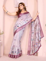 Linen Cotton Saree – Soft White Floral Saree with Wine Border - Image 2