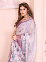 Linen Cotton Saree – Soft White Floral Saree with Wine Border - Image 6
