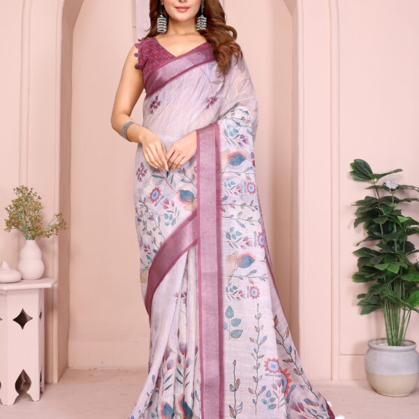 linen cotton saree white floral wine border