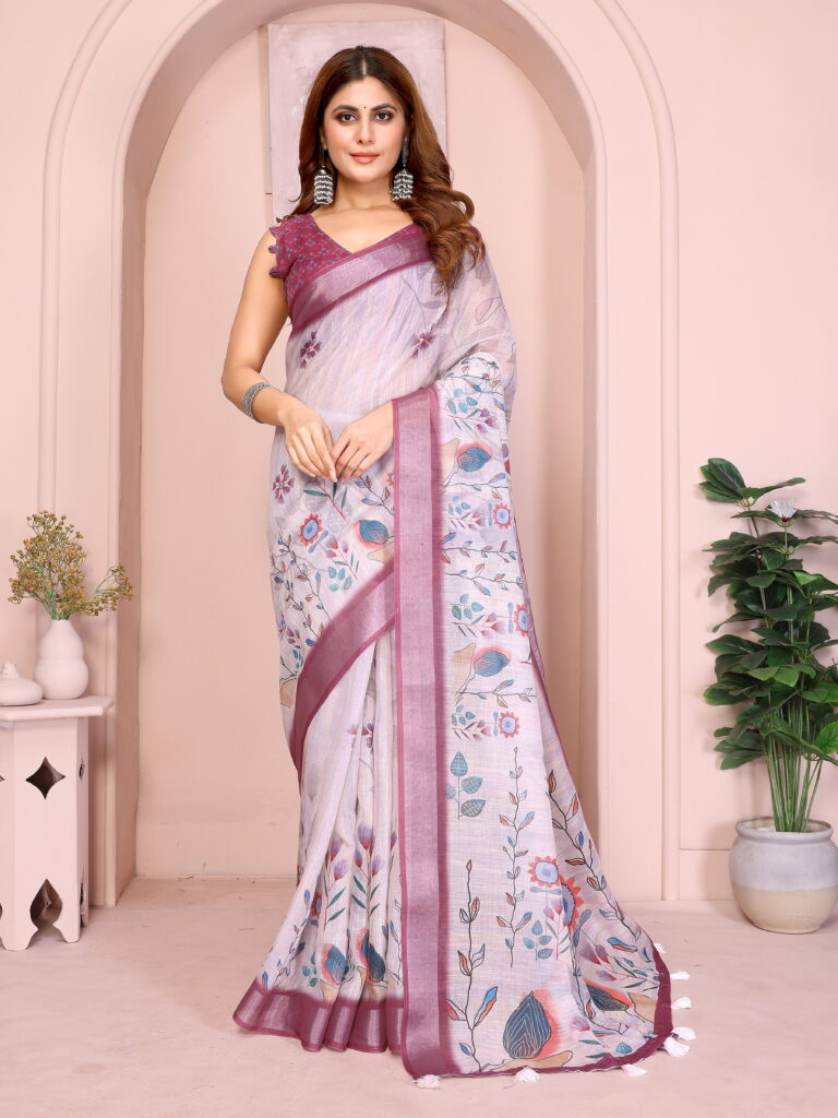 linen cotton saree white floral wine border