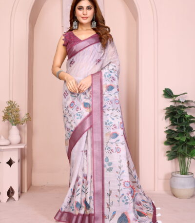 linen cotton saree white floral wine border