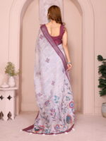 Linen Cotton Saree – Soft White Floral Saree with Wine Border - Image 5