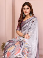 Linen Cotton Saree – White Leaf Print Saree with Maroon Border - Image 2