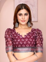 Linen Cotton Saree – White Leaf Print Saree with Maroon Border - Image 7