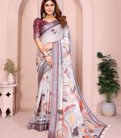lightweight cotton linen saree with tassels