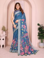 Linen Cotton Saree – Navy Blue Floral Saree with Green Tassels - Image 5