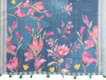 Linen Cotton Saree – Navy Blue Floral Saree with Green Tassels - Image 2