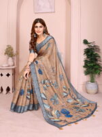 Linen Cotton Saree – Brown Floral Saree with Blue Border - Image 3