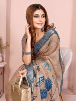 Linen Cotton Saree – Brown Floral Saree with Blue Border - Image 5