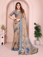 Linen Cotton Saree – Brown Floral Saree with Blue Border - Image 4