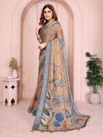 linen cotton saree brown floral blue border