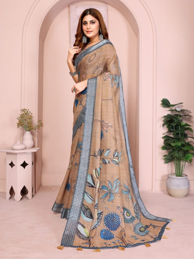 linen cotton saree brown floral blue border