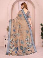 Linen Cotton Saree – Brown Floral Saree with Blue Border - Image 7