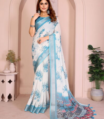 cotton linen saree with multi-pattern pallu