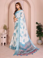 Linen Cotton Saree – White & Blue Floral Saree with Multi-Design Pallu - Image 6