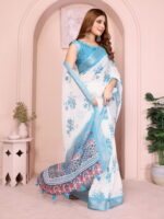 Linen Cotton Saree – White & Blue Floral Saree with Multi-Design Pallu - Image 2