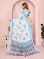 Linen Cotton Saree – White & Blue Floral Saree with Multi-Design Pallu - Image 7