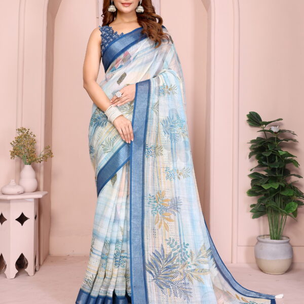 linen cotton saree sky blue floral