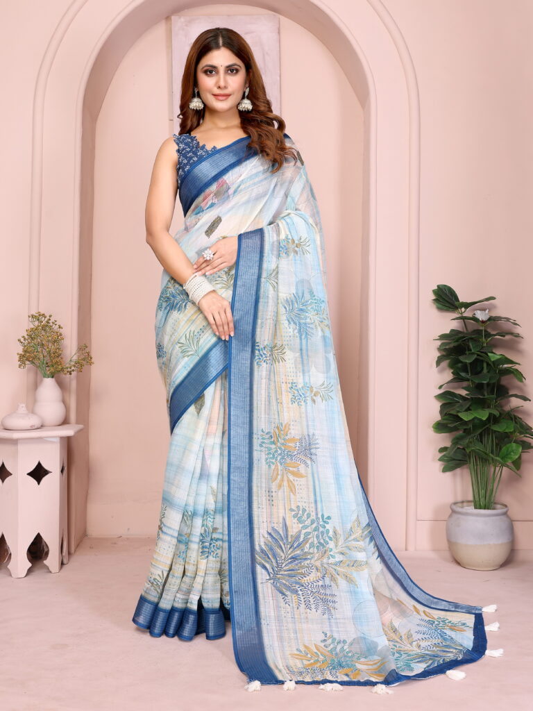 linen cotton saree sky blue floral