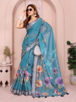Linen Cotton Saree – Teal Floral Saree with Grey Striped Border - Image 3
