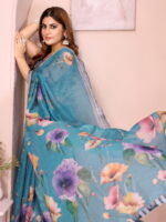 Linen Cotton Saree – Teal Floral Saree with Grey Striped Border - Image 7