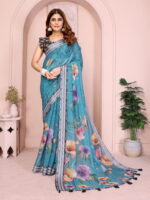 linen cotton saree teal floral grey border