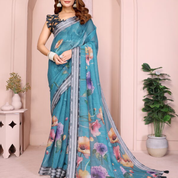 linen cotton saree teal floral grey border
