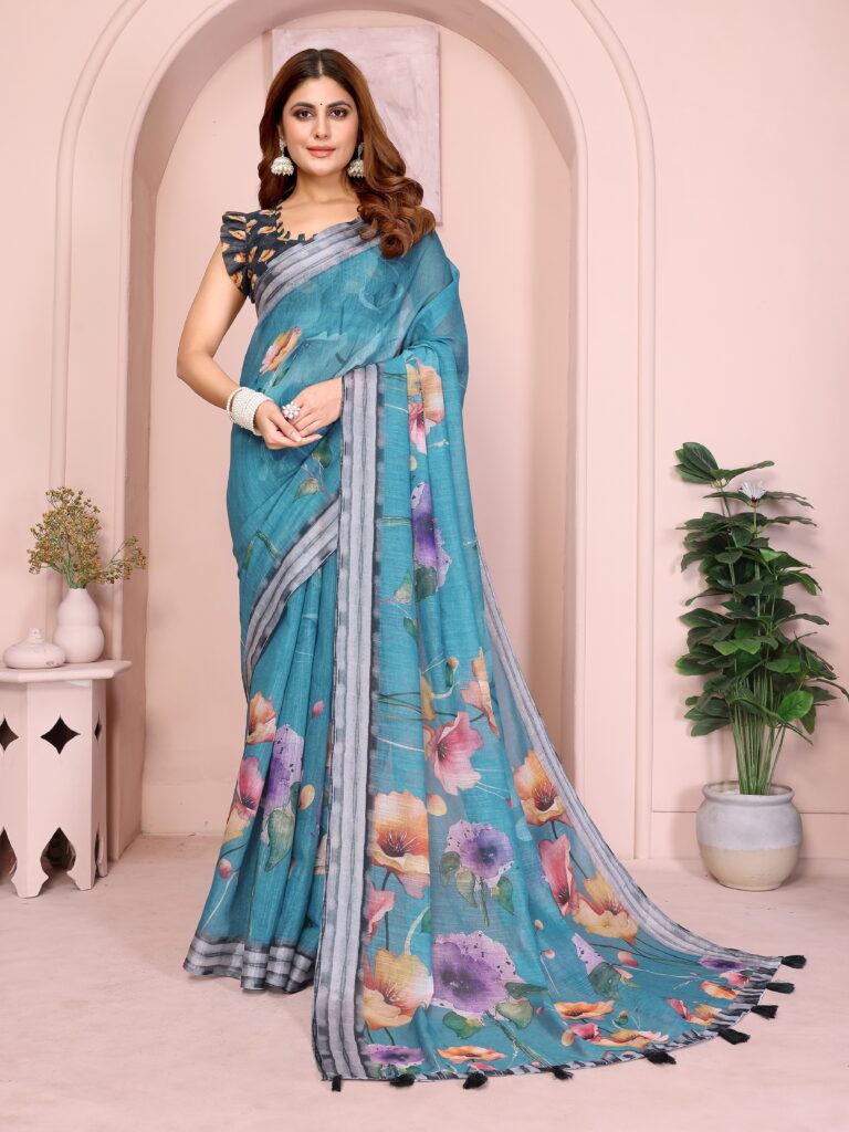 linen cotton saree teal floral grey border