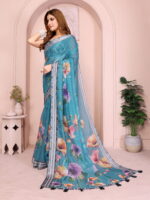 Linen Cotton Saree – Teal Floral Saree with Grey Striped Border - Image 4