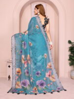 Linen Cotton Saree – Teal Floral Saree with Grey Striped Border - Image 6
