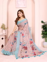 Linen Cotton Saree – Soft Floral Print Saree with Aqua Border - Image 7