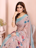 Linen Cotton Saree – Soft Floral Print Saree with Aqua Border - Image 5