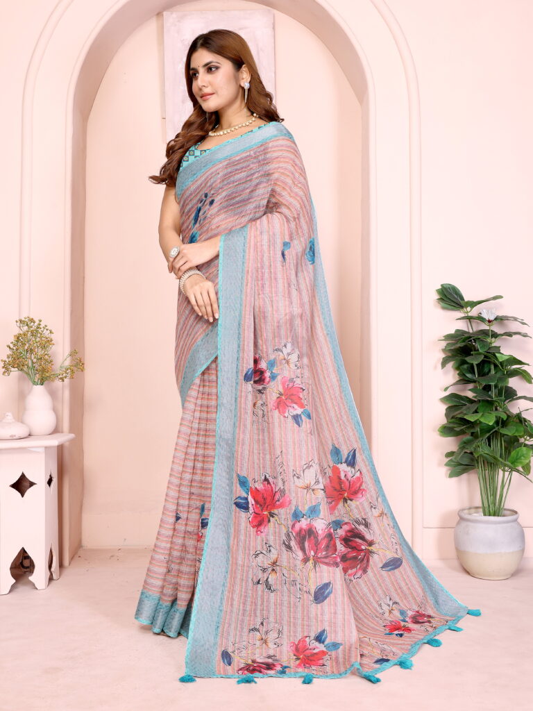 lightweight floral design saree worn by model