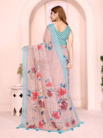 Linen Cotton Saree – Soft Floral Print Saree with Aqua Border - Image 4